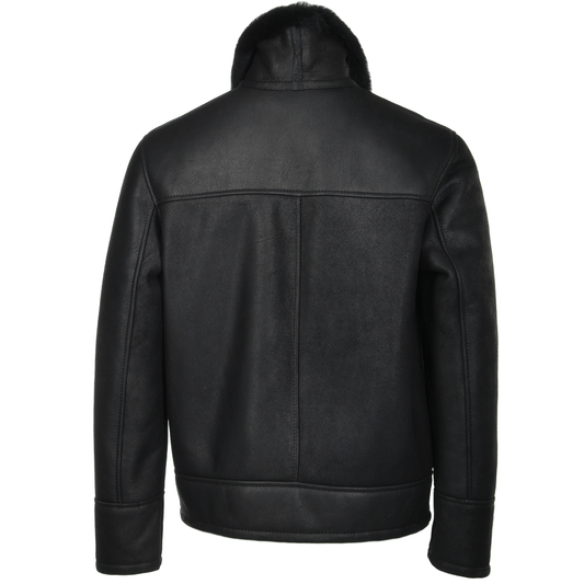 Men's Sheepskin Genuine Leather Jacket with Fur Collar | Black