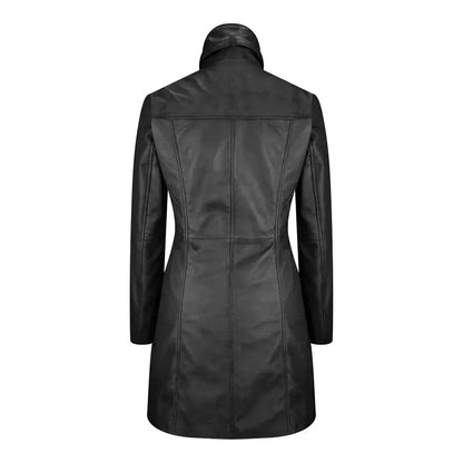 Women's Long Leather Coat, High Neck, Multiple Pockets, Full Zip Front | Black