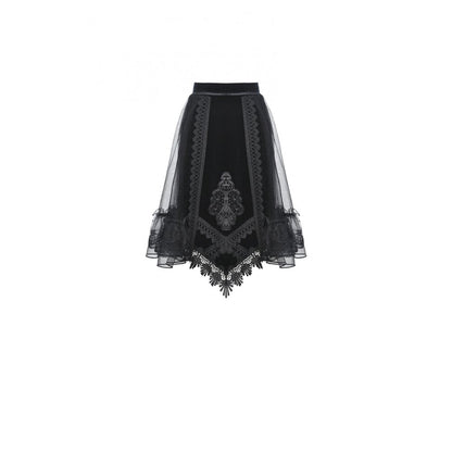 Dark in Love Melisandre Embroidered Velvet Mesh Goth Skirt in Black