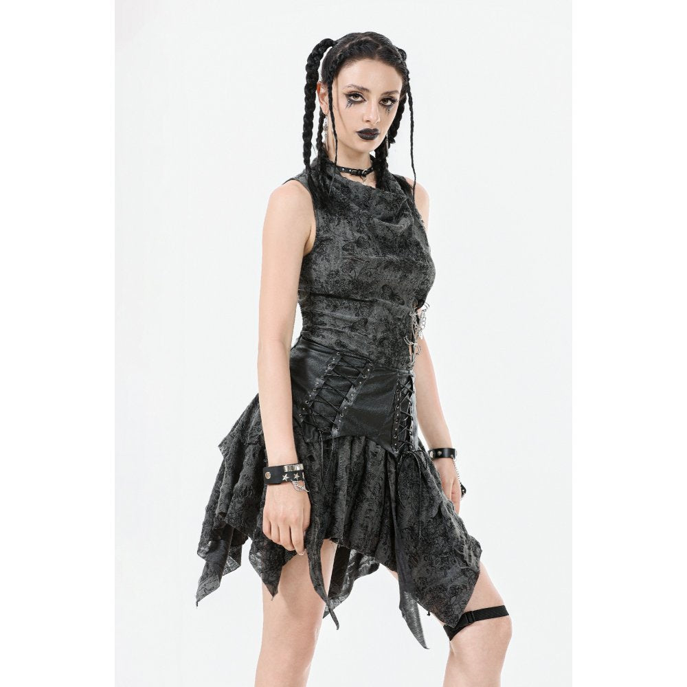 Dark in Love Elandra Layered Lace Handkerchief Hem Goth Skirt in Charcoal Black