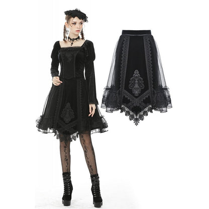 Dark in Love Melisandre Embroidered Velvet Mesh Goth Skirt in Black