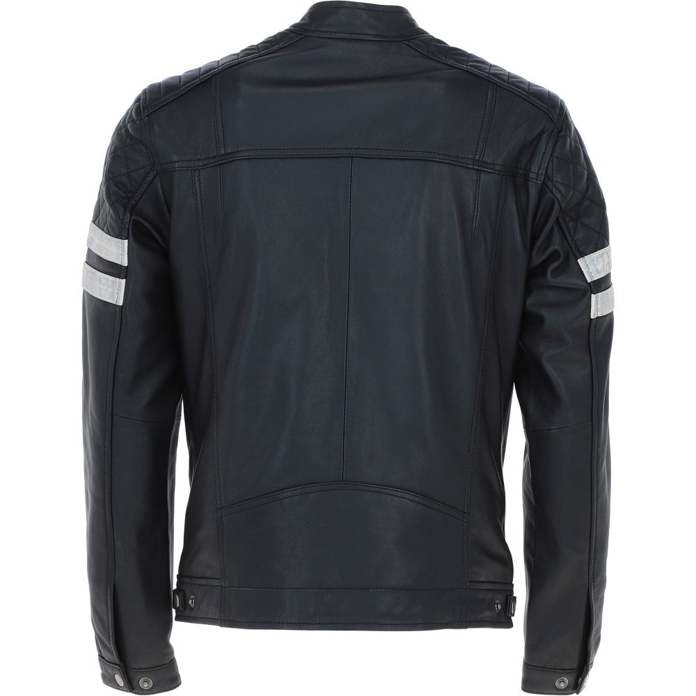 Men's Motorcycle Leather Jacket  Quilted Shoulders, Full Zip | Black & Blue