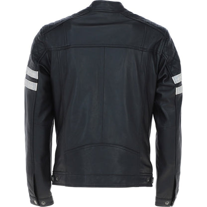 Men's Motorcycle Leather Jacket  Quilted Shoulders, Full Zip | Black & Blue