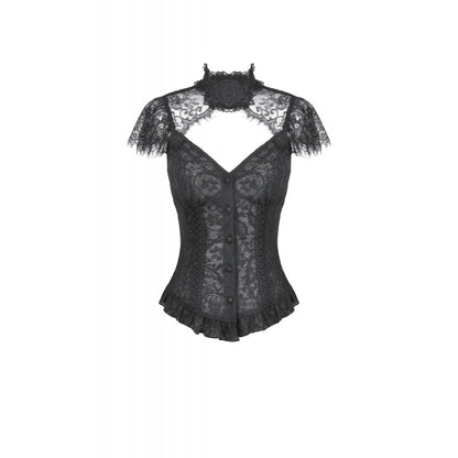 Black Floral Lace High-Neck Gothic Shoulder-Mantle Corset Top