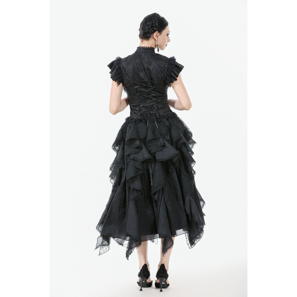 Dark in Love Morrigan Ruffled Goth Midi Skirt in Black