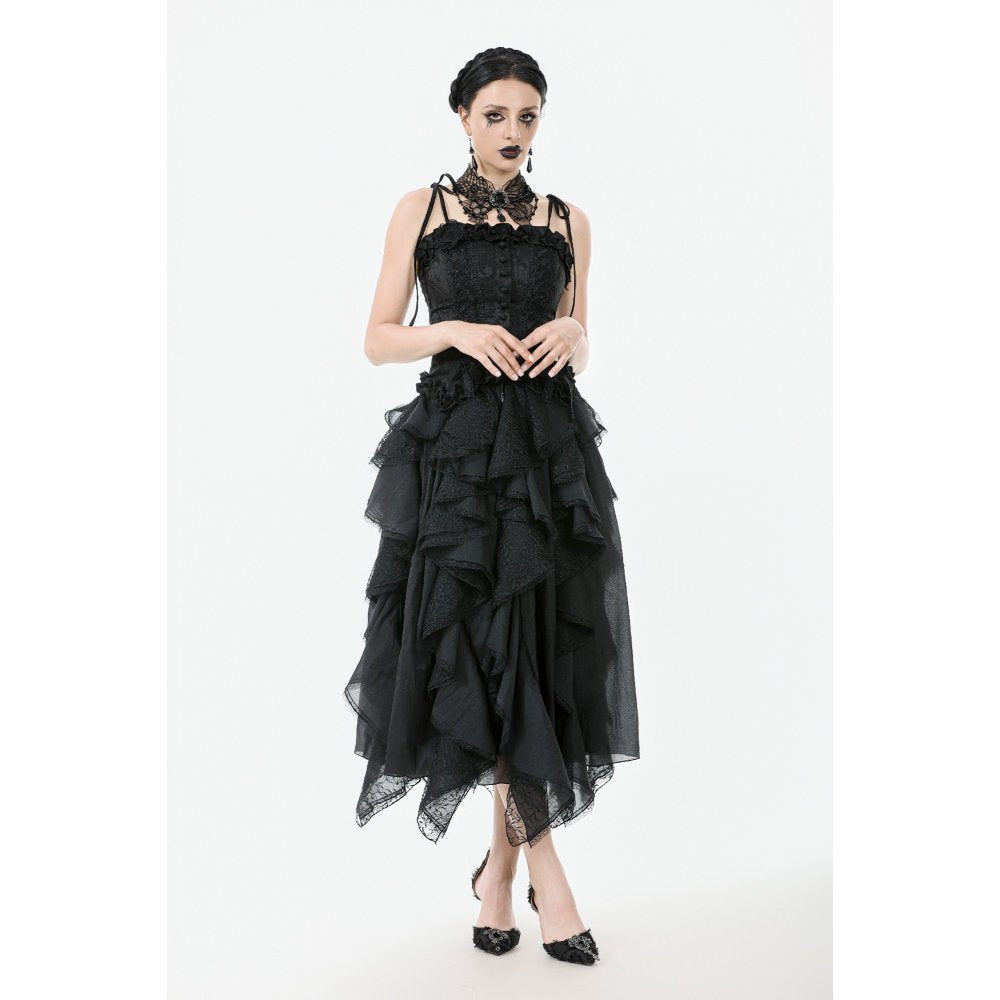 Dark in Love Morrigan Ruffled Goth Midi Skirt in Black