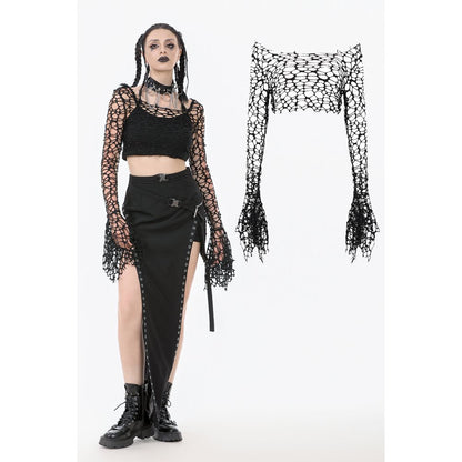 Dark in Love Morana Mesh Crochet Knit Bell Sleeve Crop Top