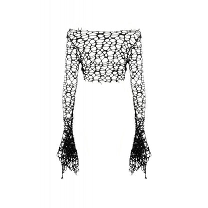 Dark in Love Morana Mesh Crochet Knit Bell Sleeve Crop Top