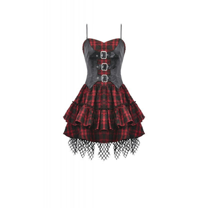 Dark in Love Red-Black Plaid Leather Layered Punk Sweetcore Dress