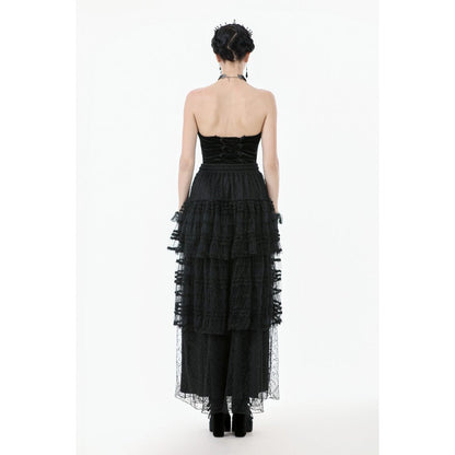 Dark in Love Morticia Gothic Velvet & Lace Skirt in Black