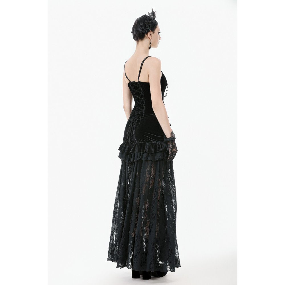 Dark in Love Gothic Lace Velvet Layered Maxi Skirt in Black