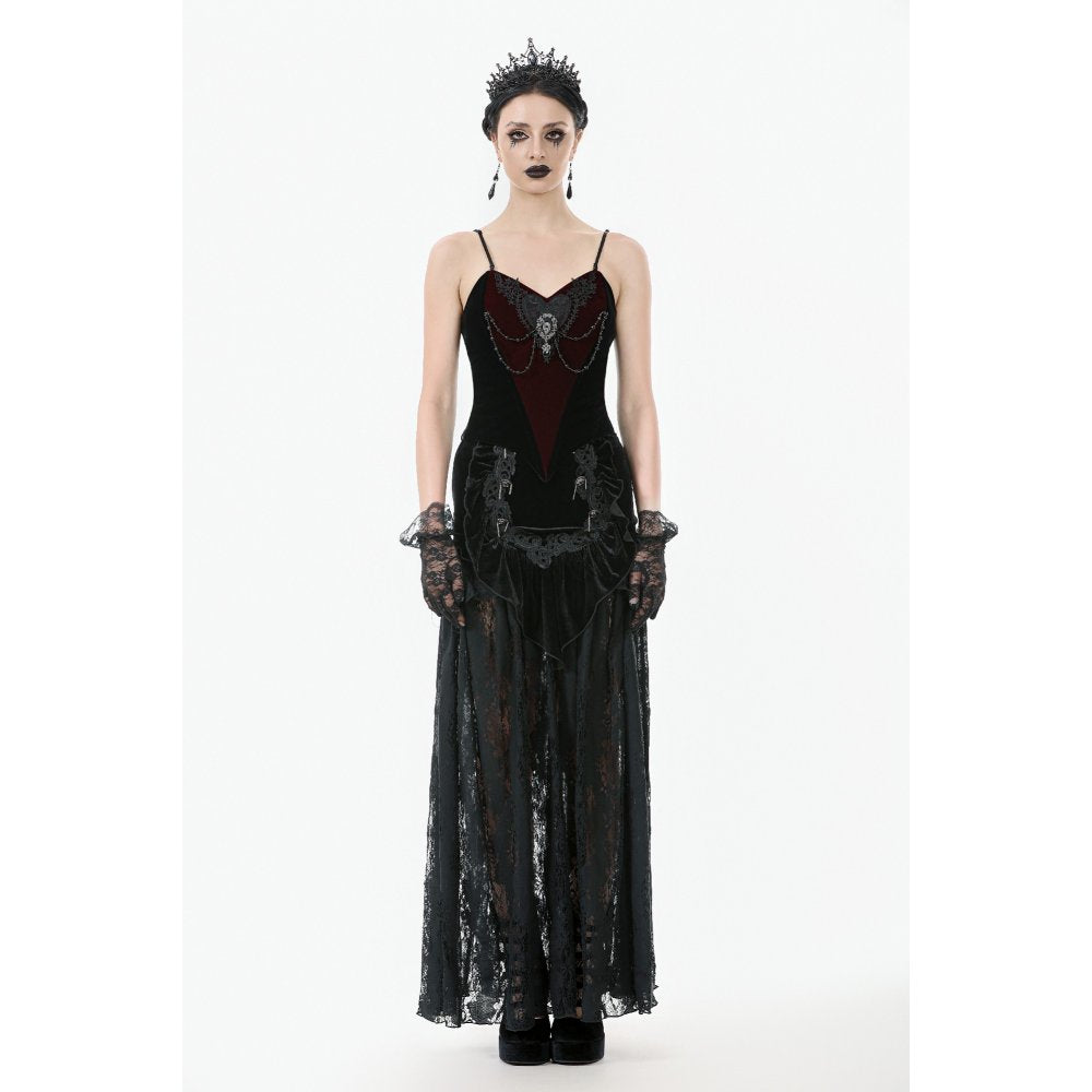 Dark in Love Gothic Lace Velvet Layered Maxi Skirt in Black