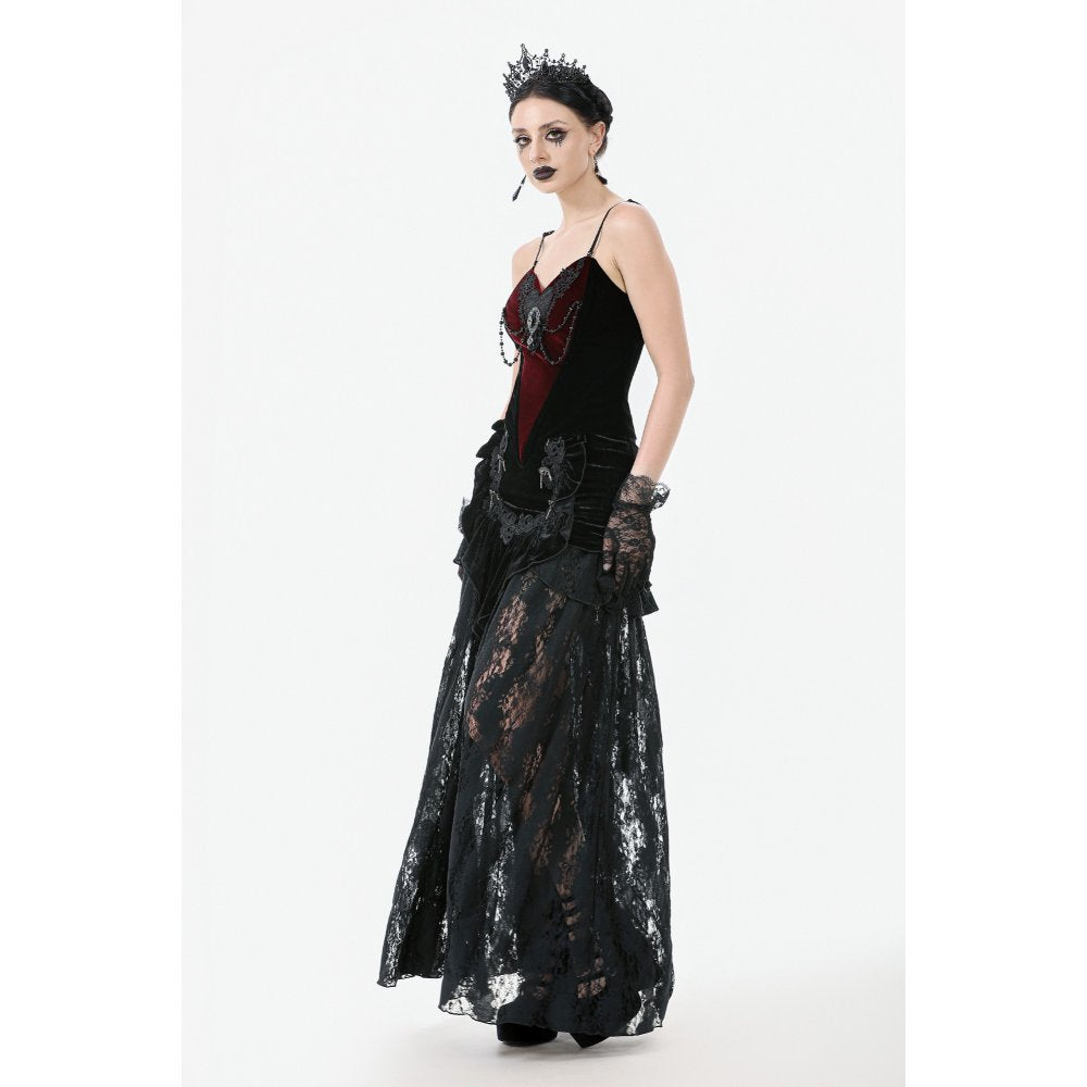 Dark in Love Gothic Lace Velvet Layered Maxi Skirt in Black