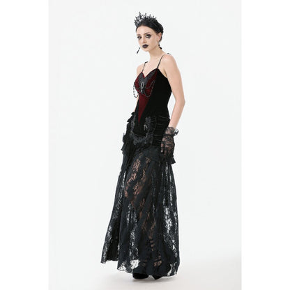Dark in Love Gothic Lace Velvet Layered Maxi Skirt in Black