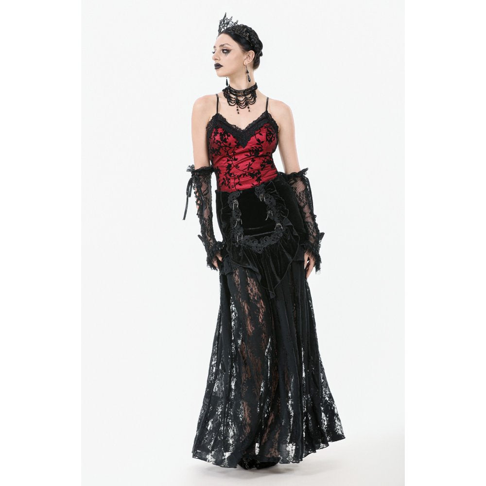 Dark in Love Gothic Lace Velvet Layered Maxi Skirt in Black