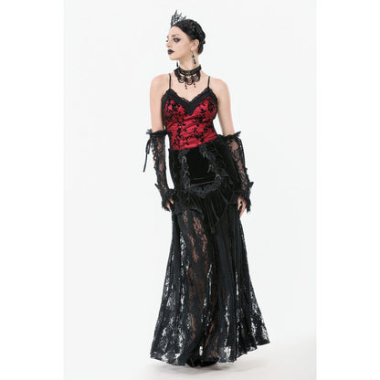 Dark in Love Gothic Lace Velvet Layered Maxi Skirt in Black