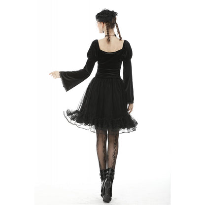 Dark in Love Melisandre Embroidered Velvet Mesh Goth Skirt in Black