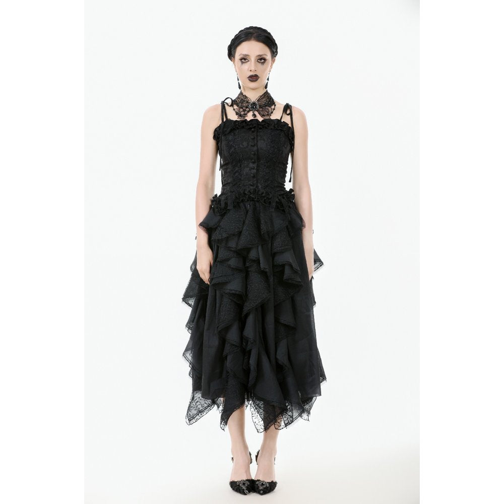 Dark in Love Morrigan Ruffled Goth Midi Skirt in Black