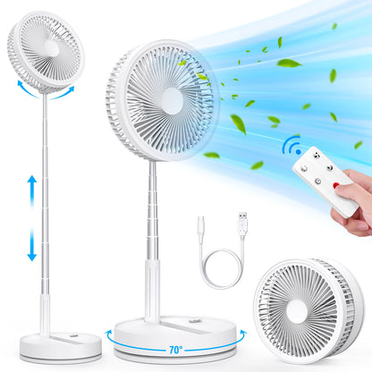 9" Foldable Rechargeable Fan Retractable Portable Mini Electric Fan with 7200mAh Battery & Remote Control for Home office