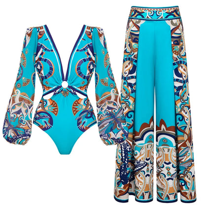 Flaxmaker Women Sexy Deep V Neck Long-sleeved Jungle Green Print One Piece Swimsuit And Skirt Summer Bathing Suit Monokini