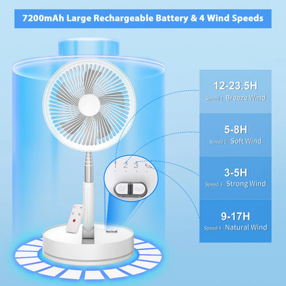 9" Foldable Rechargeable Fan Retractable Portable Mini Electric Fan with 7200mAh Battery & Remote Control for Home office