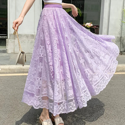 Long Maxi Skirts For Women Spring Summer Korean Cute Princess Style Elastic High Waisted A-Line Floral Lace Skirt White Black