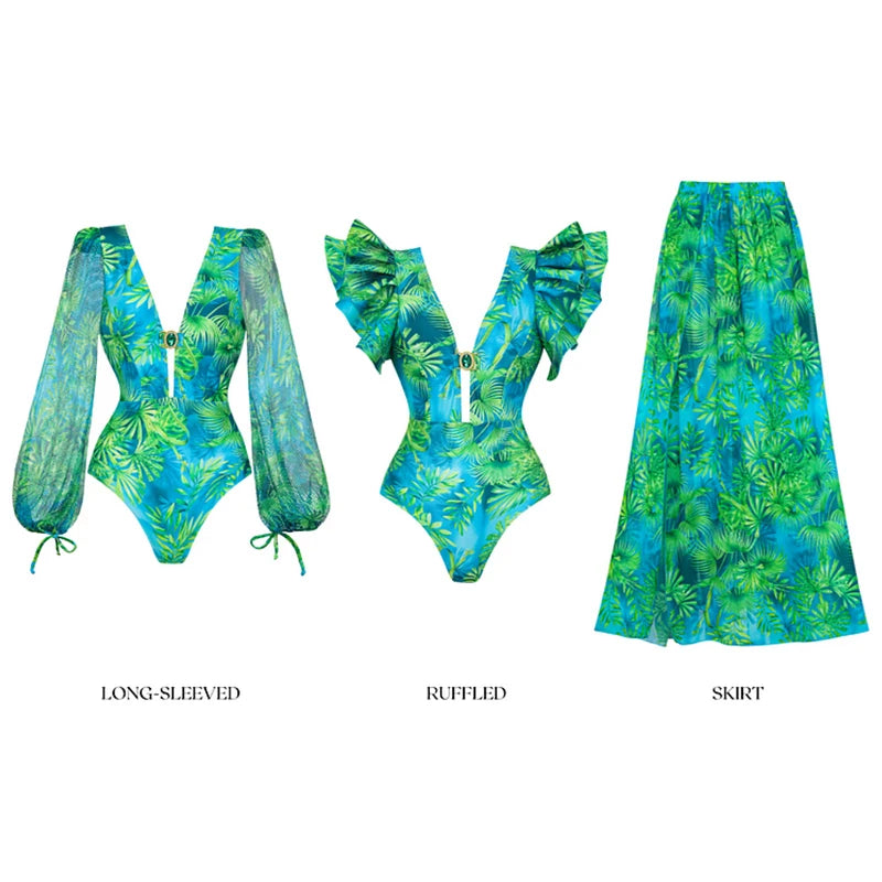 Flaxmaker Women Sexy Deep V Neck Long-sleeved Jungle Green Print One Piece Swimsuit And Skirt Summer Bathing Suit Monokini