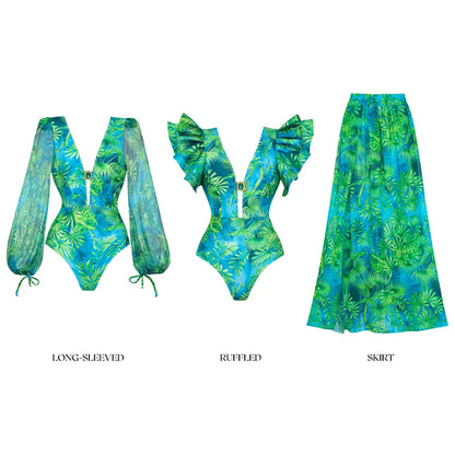Flaxmaker Women Sexy Deep V Neck Long-sleeved Jungle Green Print One Piece Swimsuit And Skirt Summer Bathing Suit Monokini