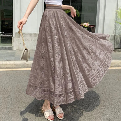 Long Maxi Skirts For Women Spring Summer Korean Cute Princess Style Elastic High Waisted A-Line Floral Lace Skirt White Black