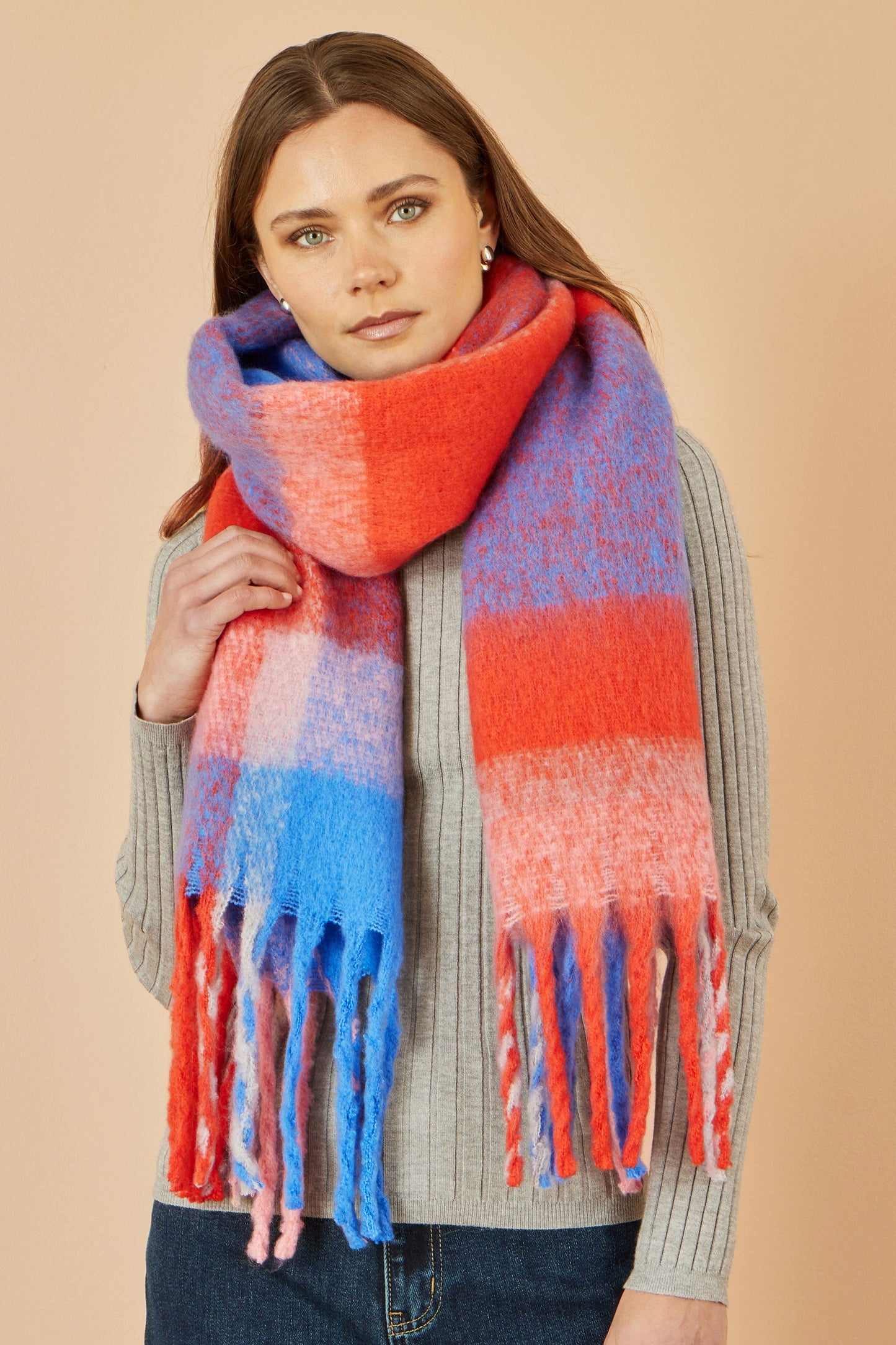 Yumi Orange And Black Check Soft Scarf