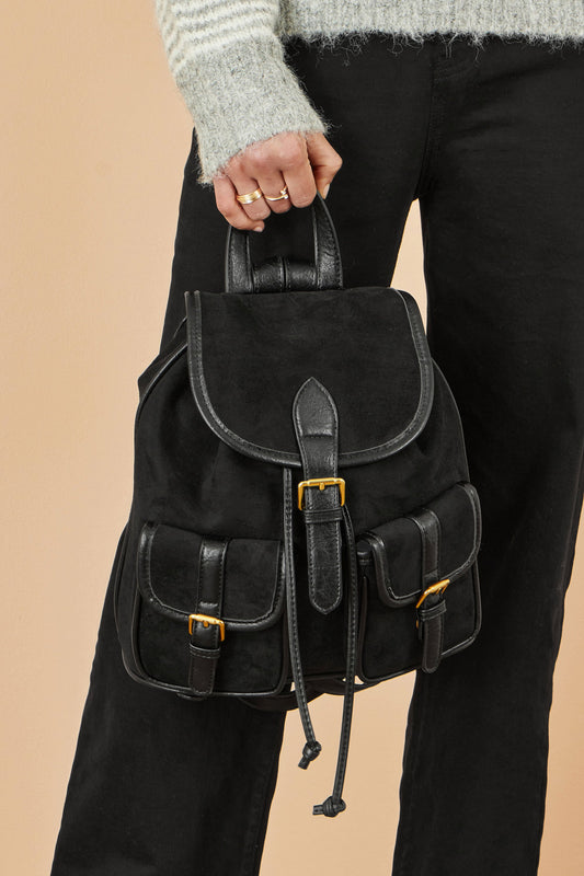 Yumi Black Faux Suede Pocket Rucksack