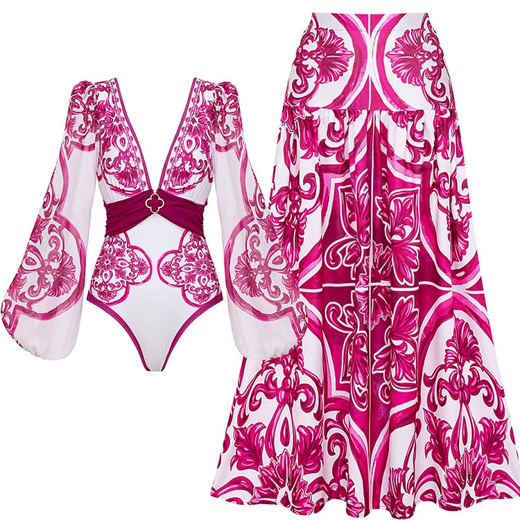 Flaxmaker Women Sexy Deep V Neck Long-sleeved Jungle Green Print One Piece Swimsuit And Skirt Summer Bathing Suit Monokini