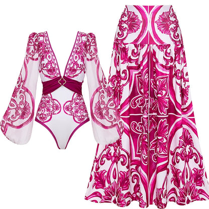 Flaxmaker Women Sexy Deep V Neck Long-sleeved Jungle Green Print One Piece Swimsuit And Skirt Summer Bathing Suit Monokini