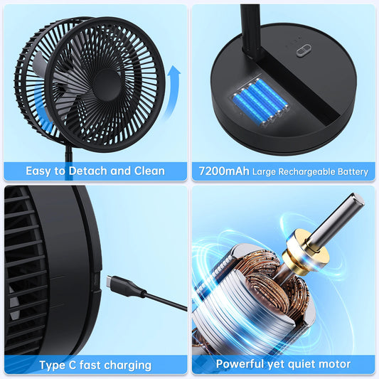 7200mAh Telescopic Folding Fan 4 Speed Wireless USB Rechargeable Desktop Cooling Fan Outdoor Indoor Portable Silent Floor Fan