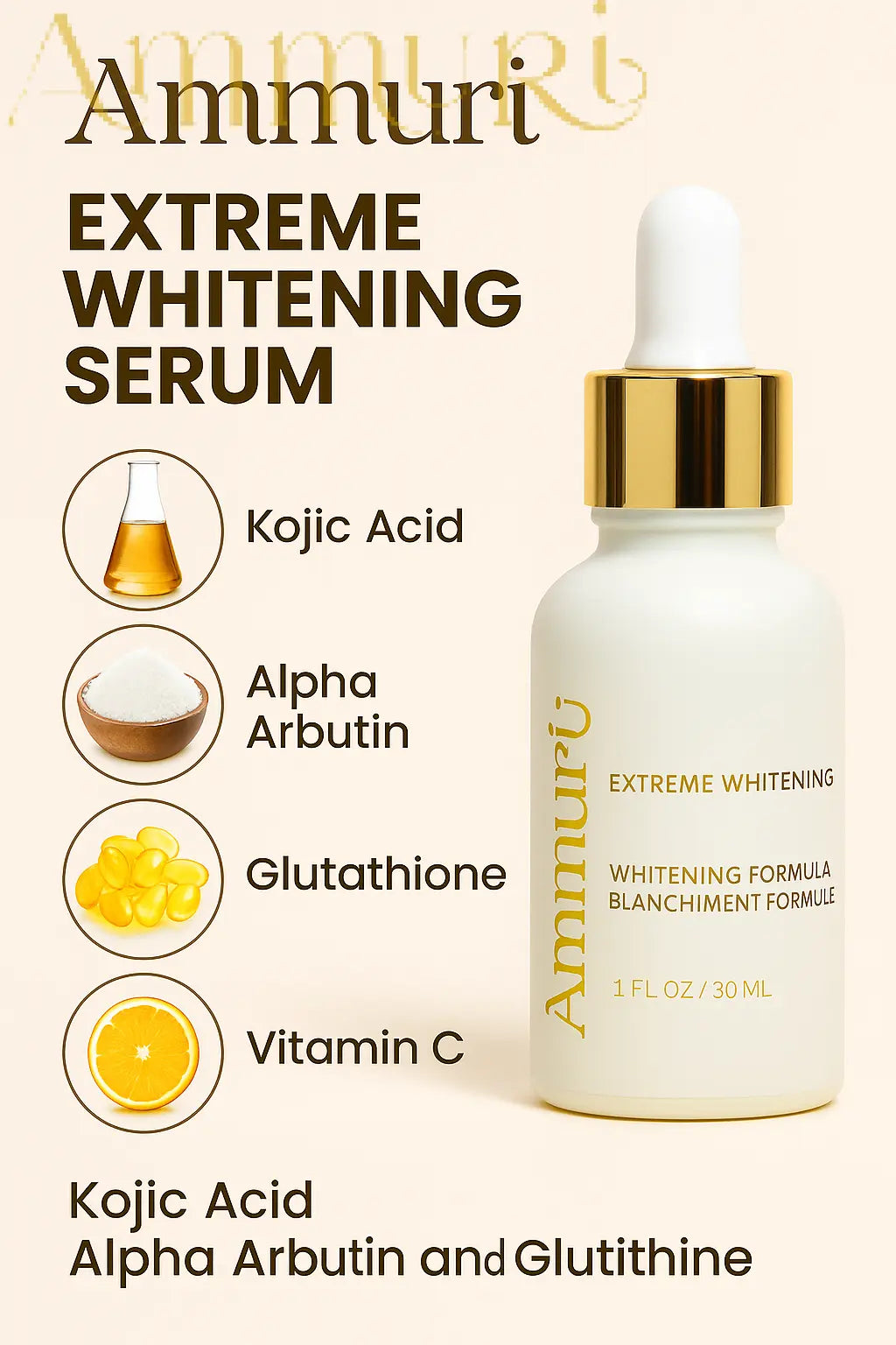 Ammuri Extreme Lightening Serum Premium Whitening Serum 30ml – Kojic Acid + Tranexamic Acid | Dark Spot & Pigmentation Corrector
