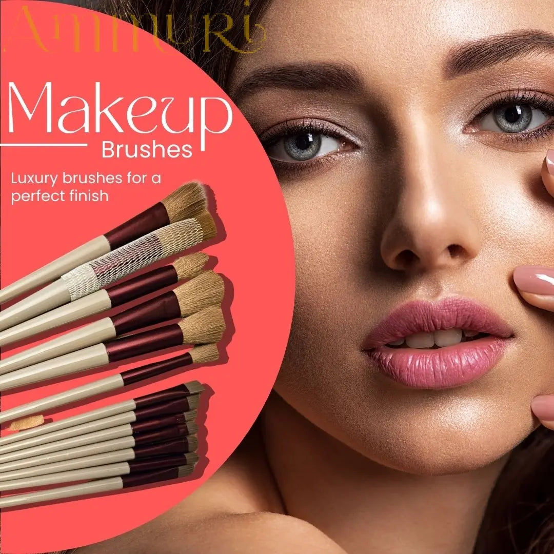 Ammuri Skincare 13-Piece Professional Vegan Makeup Brush Set with Pine & Burgundy Finish and Travel Pouch