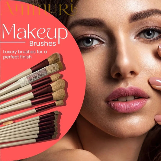 Ammuri Skincare 13-Piece Professional Vegan Makeup Brush Set with Pine & Burgundy Finish and Travel Pouch