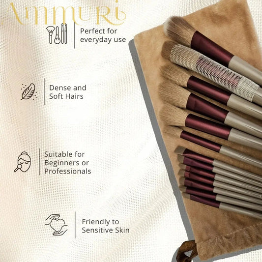 Ammuri Skincare 13-Piece Professional Vegan Makeup Brush Set with Pine & Burgundy Finish and Travel Pouch