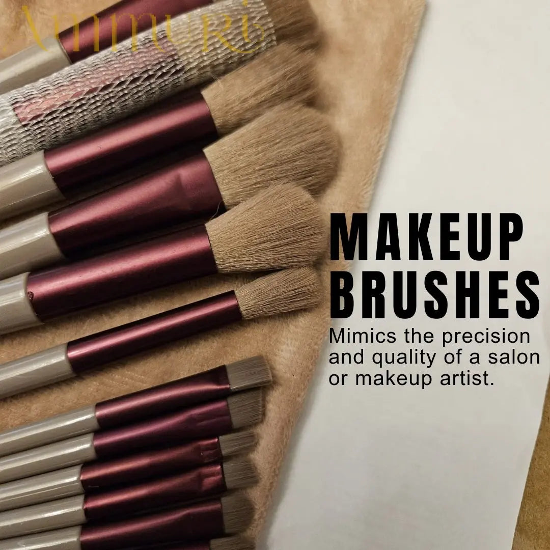 Ammuri Skincare 13-Piece Professional Vegan Makeup Brush Set with Pine & Burgundy Finish and Travel Pouch