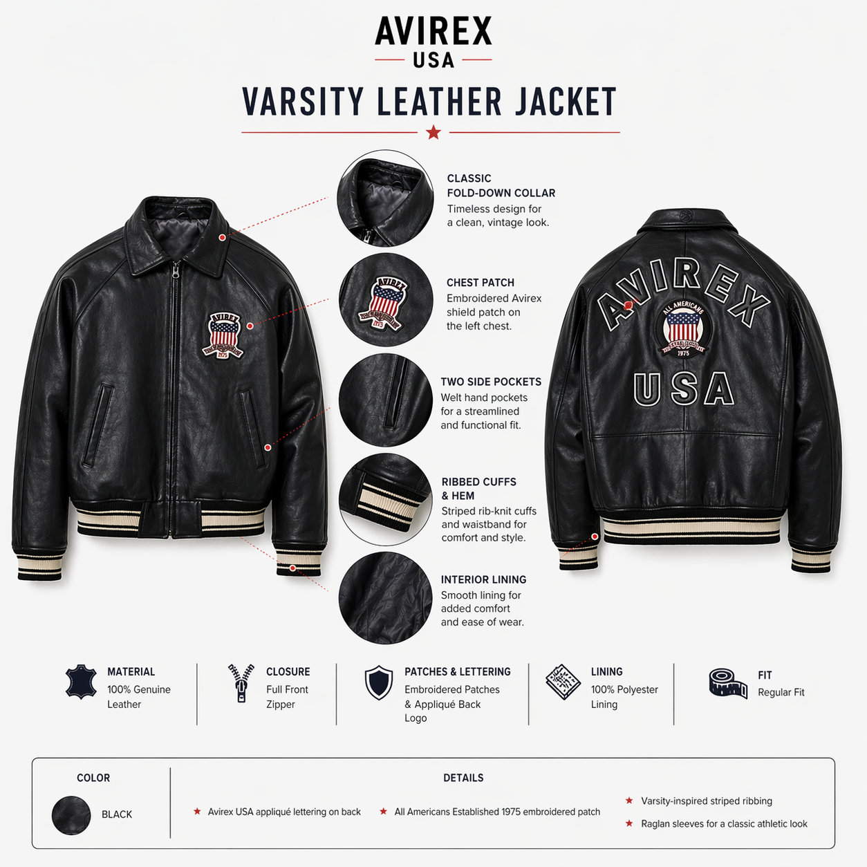 Men's Avirex Real Leather Jacket, Black Flight Bomber, American Varsity Style | Black