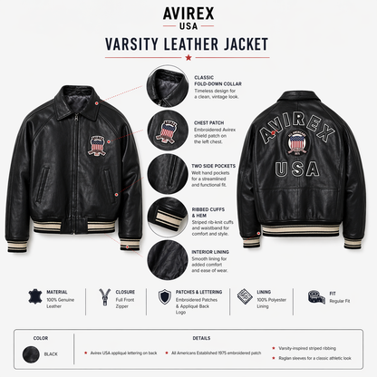 Men's Avirex Real Leather Jacket, Black Flight Bomber, American Varsity Style | Black