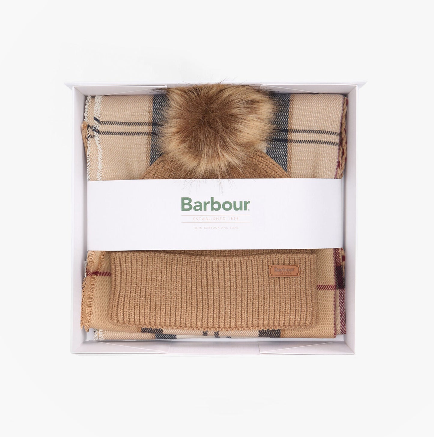 Barbour DOVER BEANIE & HAILES SCARF Gift Set Womens Hessian Tartan