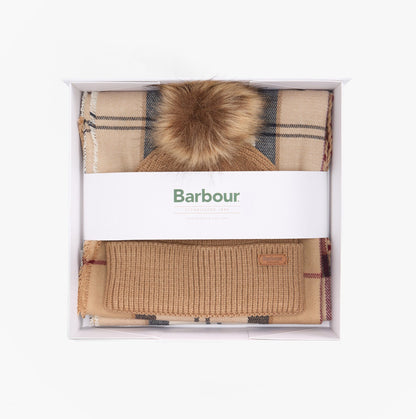 Barbour DOVER BEANIE & HAILES SCARF Gift Set Womens Hessian Tartan