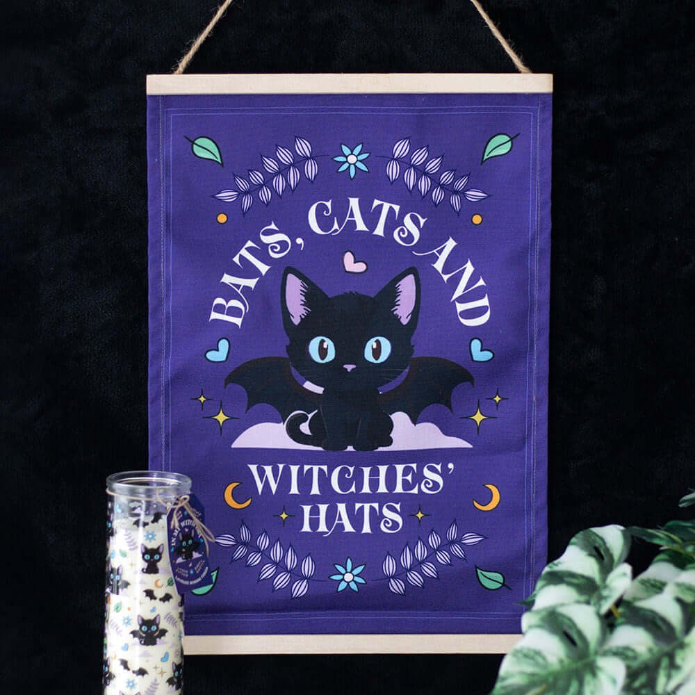 Gothic Gifts  Bats, Cats and Witches Hats Fabric Wall Hanging