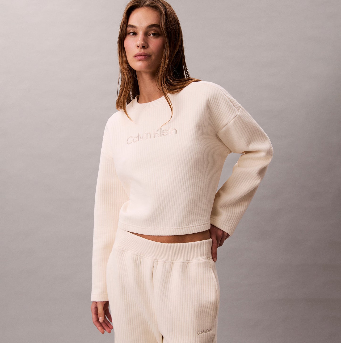 Calvin Klein LS QUILTED SWTSHIRT Womens Sweatshirts Ivory