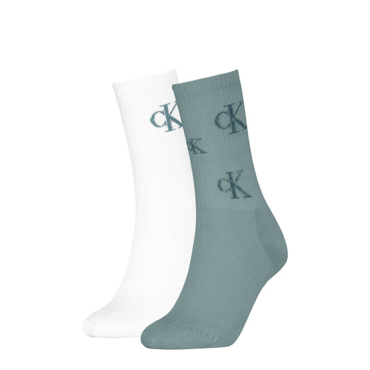 Calvin Klein 2 Pack Logo Trainer Womens Crew Socks Green/White