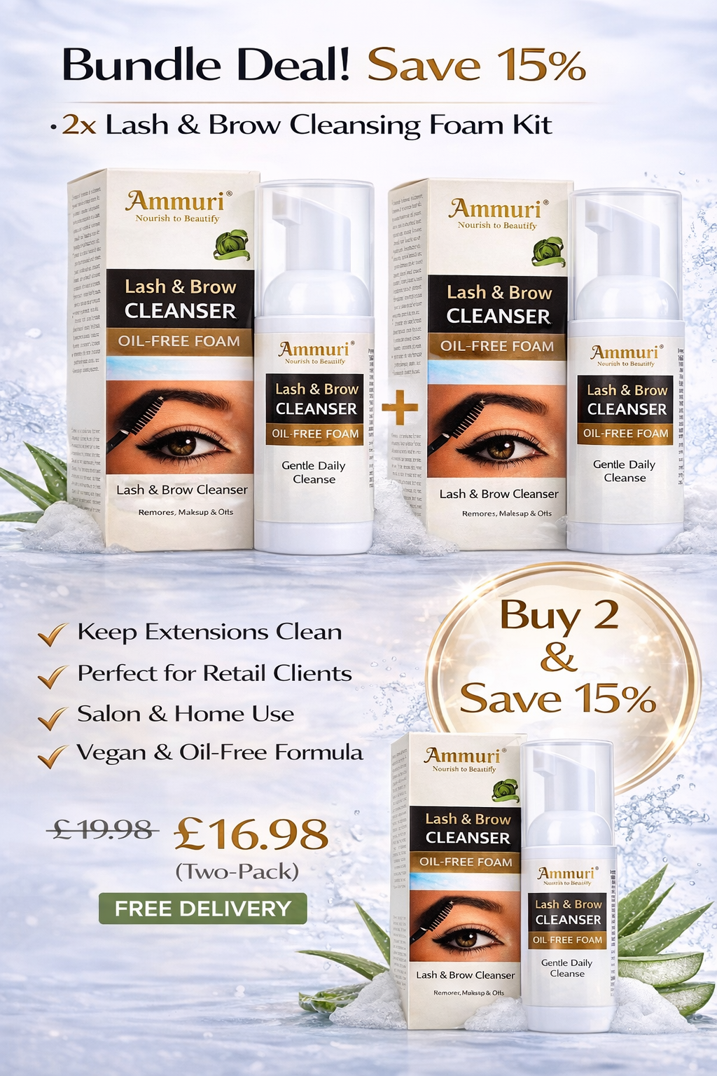 Ammuri Lash & Brow Cleanser Foam – Lash Extension Safe Makeup Remover 50ml