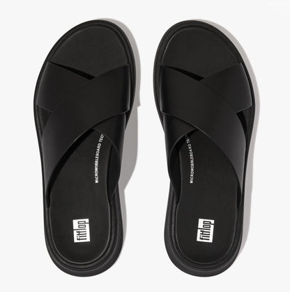 FitFlop F-MODE LEATHER FLATFORM CROSS Womens Slides All Black