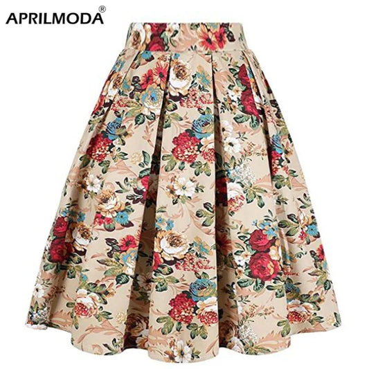 Summer French Style Women Short Vintage Pleated High Waist Floral Print Jupe Longo Elegant Ladies Office 50s Midi Tunic Skirts