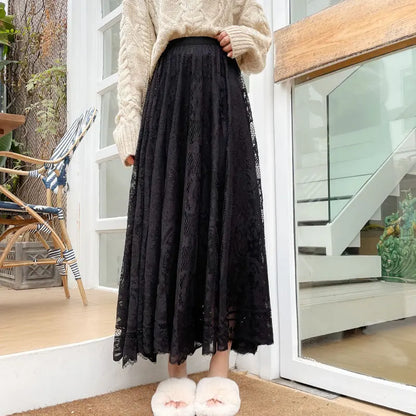 Long Maxi Skirts For Women Spring Summer Korean Cute Princess Style Elastic High Waisted A-Line Floral Lace Skirt White Black